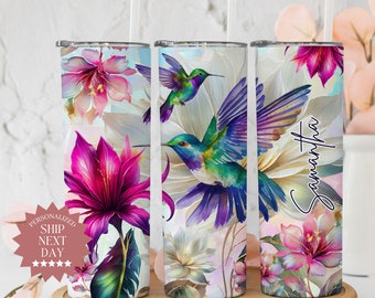 Personalized Hummingbirds Tumbler With Flowers, Hummingbirds Cup, Mom Gifts, Hummingbird Lovers Gift, 20 oz Cup With Straw, Gifts For Women