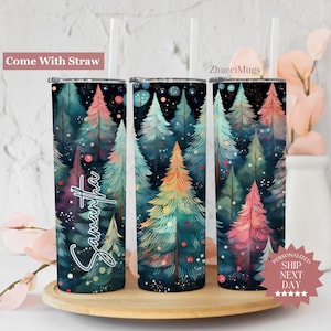 Christmas Tree Tumbler Personalized, Holiday Gift For Friend, Cute XMAS Tree Travel Cup For Women, 20oz Skinny Christmas Party Cup For Her