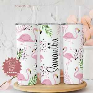 Personalized Pink Flamingo Tumbler With Name, Flamingo Travel Cup Gift For Women Tropical Palm Leaf Tumbler Birthday Gift For Her Girls Trip