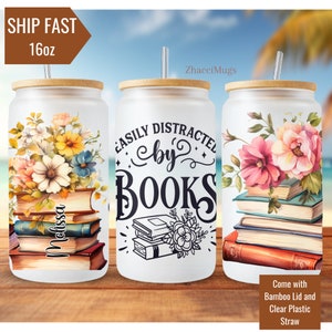 Easily distracted by books 16 oz Frosted Glass with Bamboo Lid, Librarian Bookworm Gift for Reader, Gift for Book Lovers, Book Club Gifts