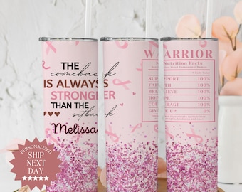 Personalized Breast Cancer Awareness Tumbler, Cancer Warrior Tumbler, Pink Ribbon Faux Glitter Cup, Breast Cancer Motivational Travel Gift
