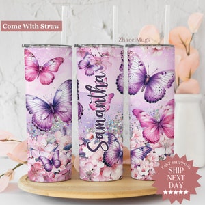 Purple Butterfly Tumbler, Colorful Flower Butterfly 20oz Cup With Straw, Butterfly Lover Gifts, Butterfly Gifts for Women, Butterfly Gifts