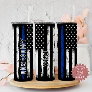 Personalized Police Tumbler, Thin Blue Line Cup With Straw, Police Travel Cup, 20 oz Tumbler For Men Him, Custom American Flag Police Gift
