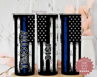 Personalized Police Tumbler, Thin Blue Line Cup With Straw, Police Travel Cup, 20 oz Tumbler For Men Him, Custom American Flag Police Gift