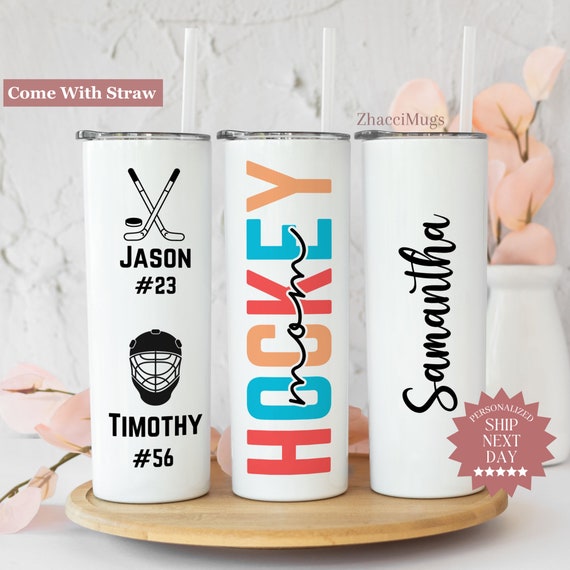 Custom Hockey Mom Tumbler, Hockey Mom Gifts, Sports Mom Cup For Her, Personalized Hockey Mom Cup With Straw, Travel Mug Gift For Hockey Mom