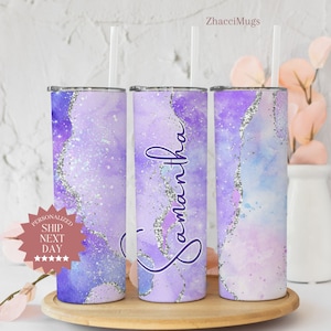 Personalized Purple Agate Tumbler, Name Tumbler With Straw, Cup Gift For Her, Custom Tumbler With Lid and Straw, Cute Women Ombre Travel Mug
