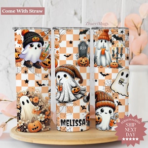 Personalized Halloween Ghost Fall Tumbler, Spooky Season Iced Coffee Mug For Her, Gift for Halloween, Cute Ghost Coffee Travel Cup For Women