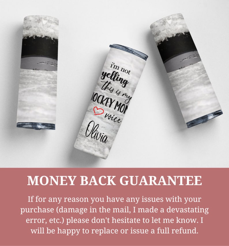 May include: A white and gray tumbler with a black and white image of a hockey rink. The tumbler has the text "I'm not yelling this is my hockey mom voice Olivia" printed on it.