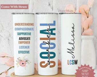 Social Worker Tumbler Personalized, LCSW Cup With Straw, Graduation Gifts, School Social Worker, Master of Social Work Travel Mug For Woman
