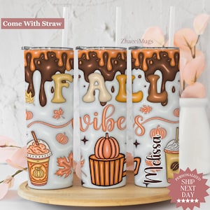 Personalized Fall Vibes Tumbler, Retro Fall Tumbler Cup With Name, Custom Autumn Pumpkin Travel Mug, Fall Travel Cup, Fall Gift For Women