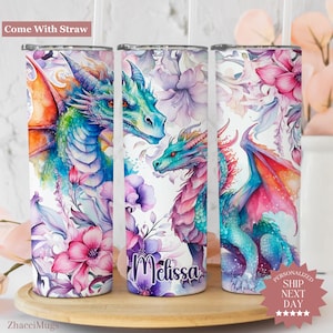 Dragon Floral Tumbler Personalized, Dragon 20oz Cup With Straw, Book Lovers Travel Mug, Cute Birthday Gift For Friend, Fantasy Bookish Gift