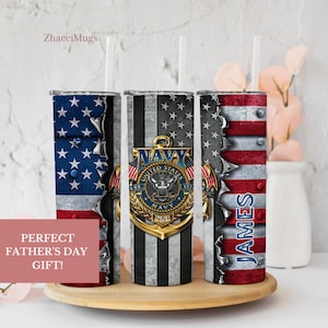 Personalized Navy Tumbler, Navy Skinny 20 oz Tumbler For Him, Military Travel Mug United States Flag Cup With Straw Navy Dad Retirement Gift