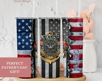 Personalized Navy Tumbler, Navy Skinny 20 oz Tumbler For Him, Military Travel Mug United States Flag Cup With Straw Navy Dad Retirement Gift