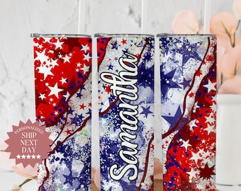 Personalized USA Tumbler, Red, White, And Blue Name Tumbler For 4th of July, Patriotic Fourth of July Mug Gift for Her, USA Beach Travel Cup