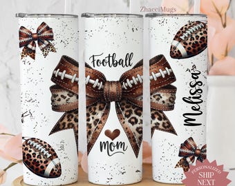 Personalized Football Mom Bow Tumbler, Custom Football Mom Travel Tumbler Gifts for Football Mama Football Mom Team Mom Mug Mothers Day Gift