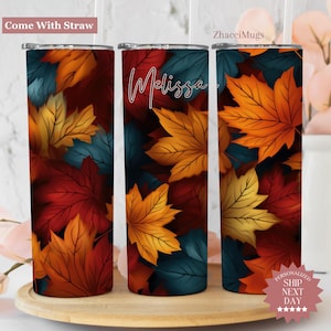 Personalized Fall Floral Tumbler for Fall Season, Gift for Fall Lover, Fall Seamless Leaves Cup, Autumn Travel Mug, Autumn Tumbler for Women