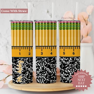 Teacher Tumbler Personalized, Custom Name Teacher 20oz Cup, Travel Mug for Teacher, Appreciation Pencil Ruler Skinny Tumbler, Teacher Gifts