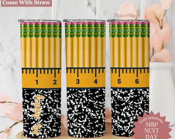 Teacher Tumbler Personalized, Custom Name Teacher 20oz Cup, Travel Mug for Teacher, Appreciation Pencil Ruler Skinny Tumbler, Teacher Gifts