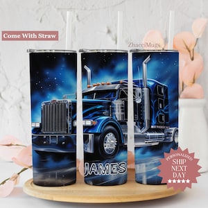 Personalized Trucker Tumbler, Semi Truck Gifts For Men, Trucker Travel Mug, Trucker 20oz Skinny Cup With Straw For Him, Truck Driver Tumbler