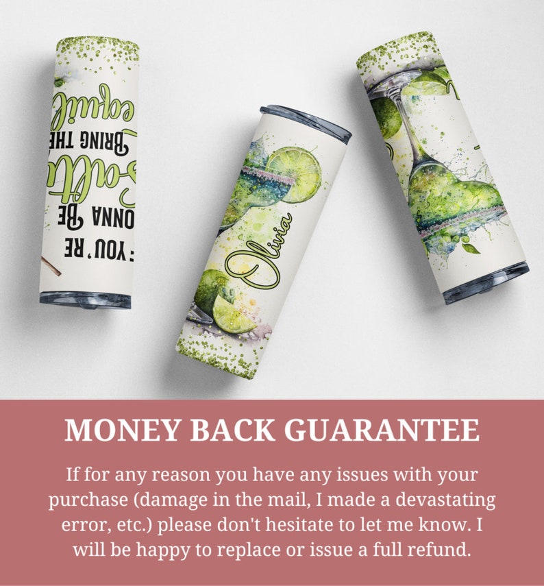 May include: Two stainless steel tumblers with a white background and green watercolor designs. One tumbler has a margarita glass with lime slices and the text "You're gonna be so full, bring the colde!" The other tumbler has a margarita glass with lime slices and the name "Olivia" written in cursive.