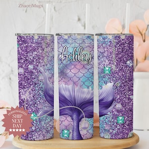 Personalized Mermaid Tumbler, Mermaid Tail Tumbler With Straw Gift For Her, Gift for Mermaid Lover, Mermaid Glitter Scale Tumbler With Name