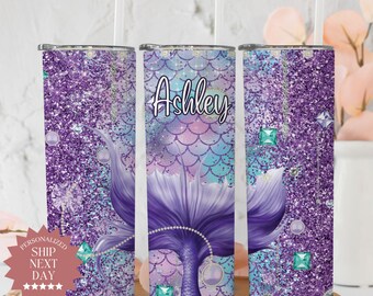 Personalized Mermaid Tumbler, Mermaid Tail Tumbler With Straw Gift For Her, Gift for Mermaid Lover, Mermaid Glitter Scale Tumbler With Name