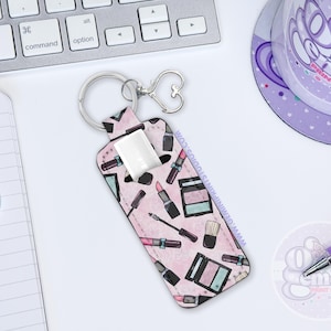 Cute Pink Makeup Print Lip Balm Holder Keychain Chapstick Holder Purse Charm Stocking Stuffer Gift for Her Beauty Enthusiast Accessory