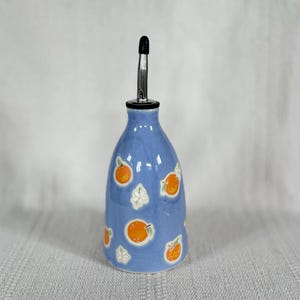 Blue Oil Bottle with hand painted Oranges | Handmade Pottery, Small batch Ceramics