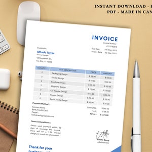 May include: A digital invoice template with a blue and white design, featuring itemized services like packaging and brochure design. The document includes a subtotal of $340.00 and a total of $374.00. The words "INSTANT DOWNLOAD - EDITABLE PDF - MADE IN CANVA" are at the top.