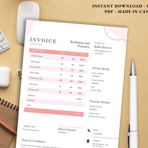 May include: A printable invoice template with a pink and white design, featuring a list of food items and their prices. The words "INVOICE" and "INSTANT DOWNLOAD - EDITABLE PDF - MADE IN CANVA" are visible. A keyboard, mouse, and pen are also in the image.