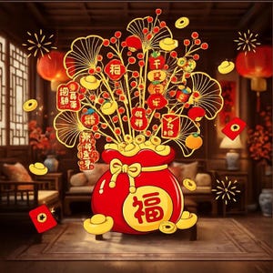 May include: A red money bag with a yellow bow and the Chinese character for "fortune" is surrounded by gold coins and decorative branches with red ornaments. The background features traditional Chinese decor, including lanterns and furniture.