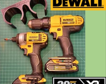 May include: A 3D printed wall mount designed to hold two DeWalt 20V Max power drills. The mount is black and has three circular openings. The drills are yellow and black with the DeWalt logo and 20V Max text.