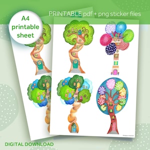 Op de afbeelding: Printbare vel met zes kleurrijke boomhut-illustraties. Elke boomhut is uniek met verschillende kleuren, vormen en details. De illustraties zijn perfect voor knutselen, scrapbooking of decoreren.