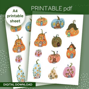 May include: A printable PDF sheet featuring watercolor illustrations of whimsical pumpkin houses in various colors. The pumpkins have doors, windows, and decorative details. The sheet includes the text "A4 printable sheet" and "DIGITAL DOWNLOAD".