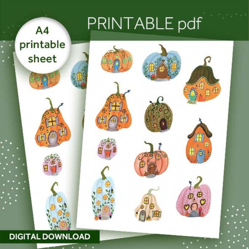 K&ouml;nnte beinhalten: Ein druckbares A4-PDF-Blatt mit Aquarellillustrationen von skurrilen K&uuml;rbish&auml;usern in verschiedenen Farben. Die K&uuml;rbisse haben T&uuml;ren, Fenster und dekorative Details. Das Blatt enth&auml;lt den Text "A4 printable sheet" und "DIGITAL DOWNLOAD".