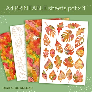 May include: A4 printable sheets featuring colorful leaf designs in shades of orange, red, and green. The sheets include watercolor patterns and leaf outlines. The text "A4 PRINTABLE sheets pdf x 4" and "DIGITAL DOWNLOAD" are visible.