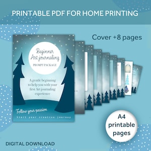 Könnte beinhalten: Ein digitales Download-Paket mit Kunst-Journaling-Anregungen, mit einem Cover und acht Seiten. Das Cover zeigt eine Nachtszene mit Kiefern und dem Text "Beginner Art Journaling". Enthält A4-Druckseiten.
