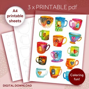 May include: Digital download of printable A4 sheets featuring colorful watercolor teacup designs. Includes coloring pages and decorative tags. The image includes the text "3 x PRINTABLE pdf", "A4 printable sheets", "DIGITAL DOWNLOAD", and "Coloring fun!"