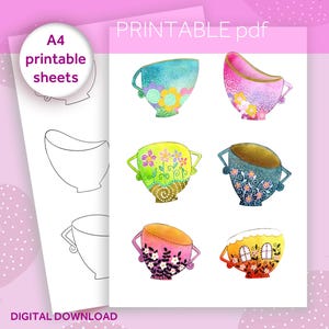 Könnte beinhalten: Druckbare PDF-Seite mit sechs verschiedenen Teetassen-Designs. Die Teetassen sind mit bunten Blumen, Punkten und Schnörkeln verziert. Die Seite enthält auch zwei leere Teetassen zum Ausmalen.
