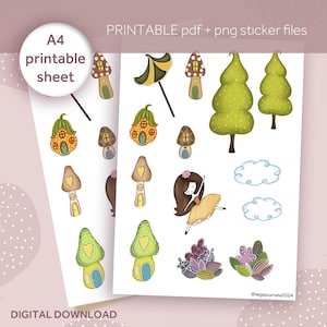 Enchanted village journal A4 digital printable set, whimsical girl with decorations, stickers