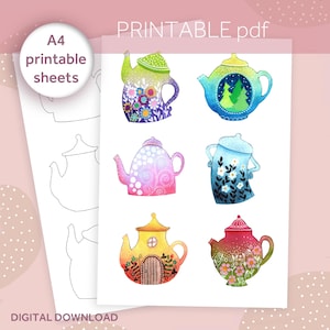 Könnte beinhalten: Druckbare A4-Blätter mit sechs verschiedenen Teekannen-Designs. Die Teekannen sind im Aquarell-Stil mit verschiedenen Farben und Mustern illustriert, darunter florale, geometrische und von der Natur inspirierte Motive. Der Text "PRINTABLE pdf" und "DIGITAL DOWNLOAD" ist ebenfalls auf dem Blatt enthalten.