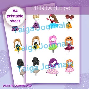 May include: A digital download sheet featuring illustrations of stylized girls in various dresses. The girls have different hairstyles and wear dresses in a variety of colors, including blue, yellow, pink, and purple. The sheet is labeled "PRINTABLE pdf" and "DIGITAL DOWNLOAD".