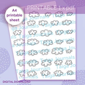May include: Printable A4 sheet featuring a collection of cloud illustrations in black outline with a light blue accent. The sheet includes the text "PRINTABLE 1 x pdf" and "DIGITAL DOWNLOAD".
