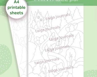 Taiga whimsical forest, A4 colouring printable pdf