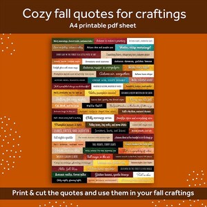 Może przedstawiać: Arkusz A4 do wydruku z jesiennymi cytatami do rękodzieła. Arkusz zawiera frazy takie jak "Hello, crisp mornings!" i "Autumn magic is everywhere" w różnych czcionkach i kolorach, idealny do jesiennych projektów.