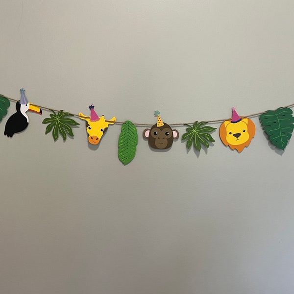 Safari Animal Birthday Garland Banner - Jungle Theme Party Decor With 7 Animal Faces