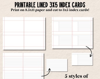 Afdrukbare 3x5 indexkaarten, gevoerde indexkaarten, afdrukbare indexkaarten in Cornell-stijl, digitale notitiekaarten, afdrukken en vervolgens knippen