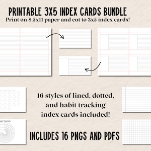 Afdrukbare 3x5 indexkaarten, gevoerde, gestippelde indexkaarten, afdrukbare gewoontetracker, digitale notitiekaarten, afdrukken en vervolgens knippen, Cornell-notities, checklists