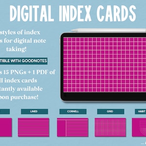 Pink Goodnotes Index Cards, Digital Index Cards: Lined Index Cards, Cornell Style Index Cards, Digital Note Cards, Graphing, Note Taking