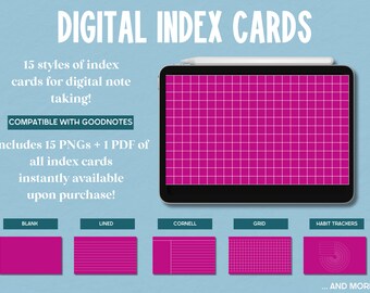 Pink Goodnotes Index Cards, Digital Index Cards: Lined Index Cards, Cornell Style Index Cards, Digital Note Cards, Graphing, Note Taking